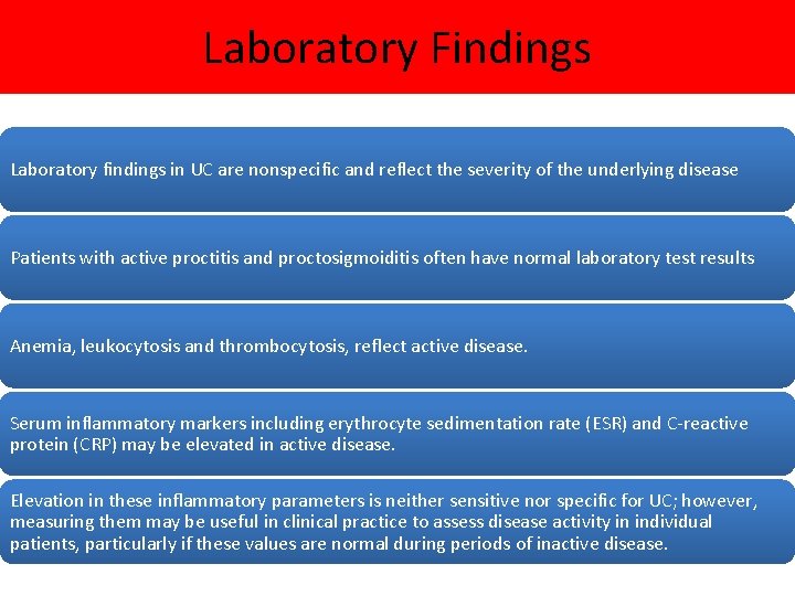 Laboratory Findings Laboratory findings in UC are nonspecific and reflect the severity of the