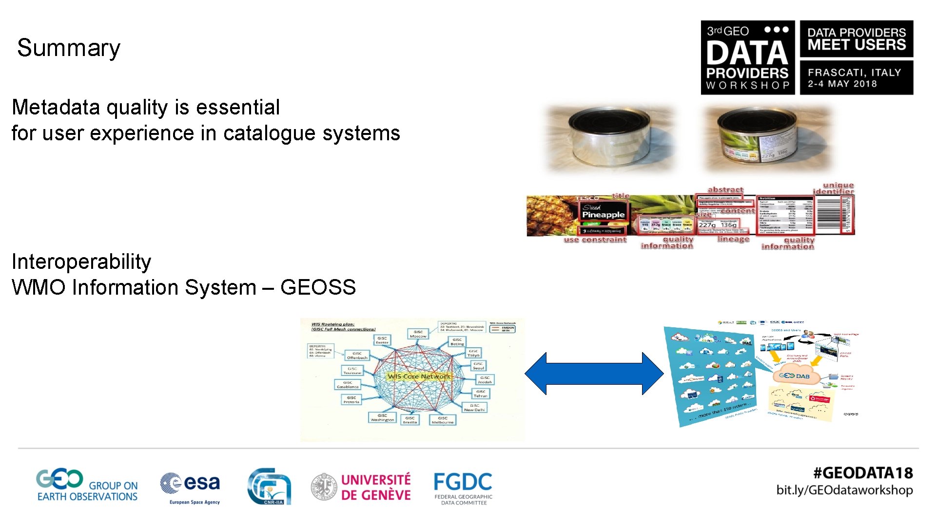 Summary Metadata quality is essential for user experience in catalogue systems Interoperability WMO Information