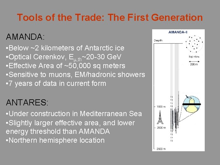 Tools of the Trade: The First Generation AMANDA: • Below ~2 kilometers of Antarctic