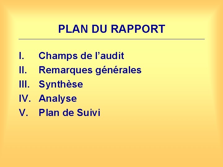 PLAN DU RAPPORT I. III. IV. V. Champs de l’audit Remarques générales Synthèse Analyse
