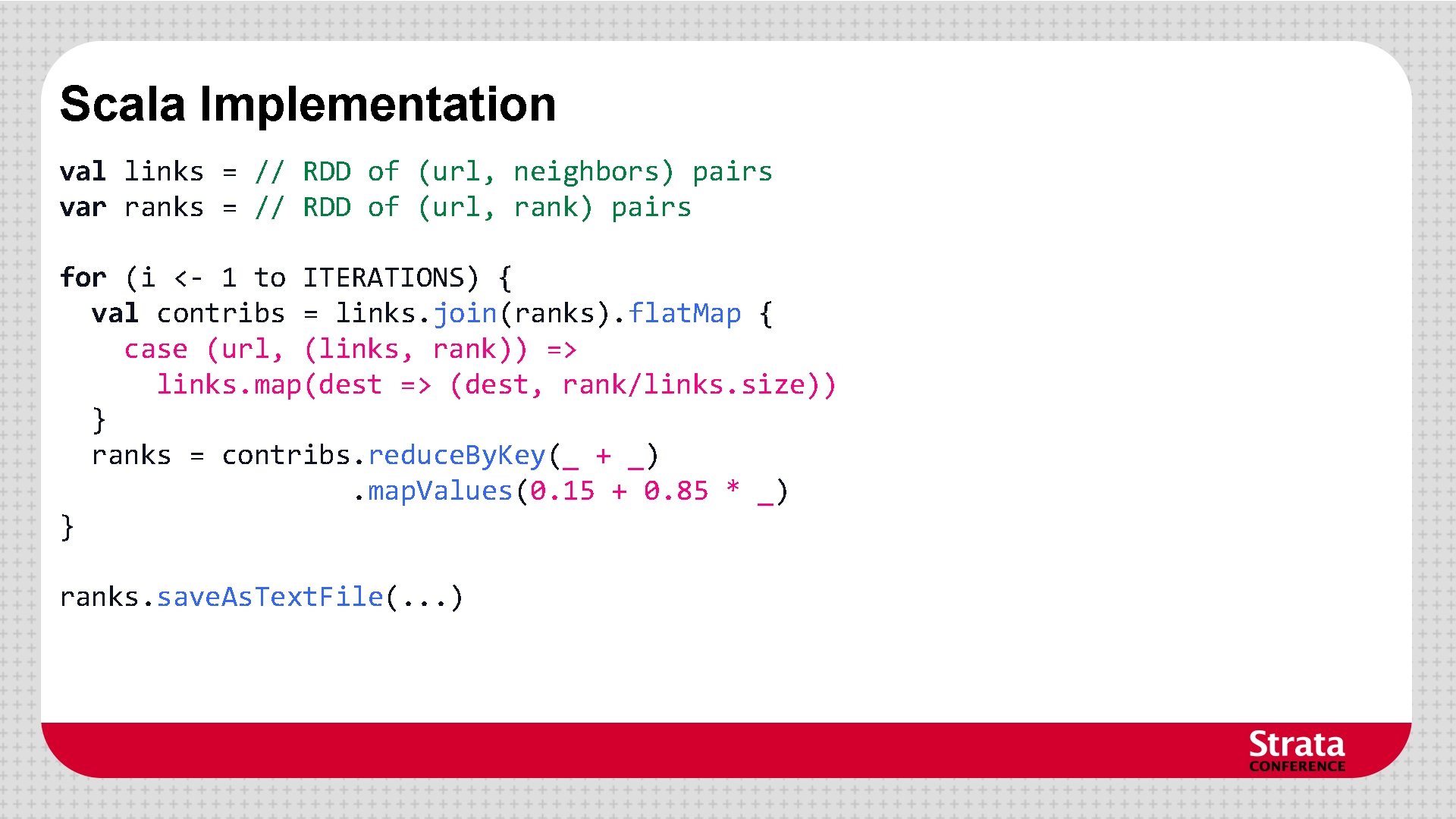 Scala Implementation val links = // RDD of (url, neighbors) pairs var ranks = Scala Implementation val links = // RDD of (url, neighbors) pairs var ranks =