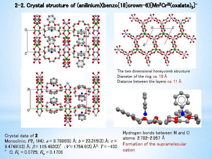 2 -2. Crystal structure of (anilinium)(benzo[18]crown-6)[Mn. IICr. III(oxalate)3]- The two dimensional honeycomb structure Diameter