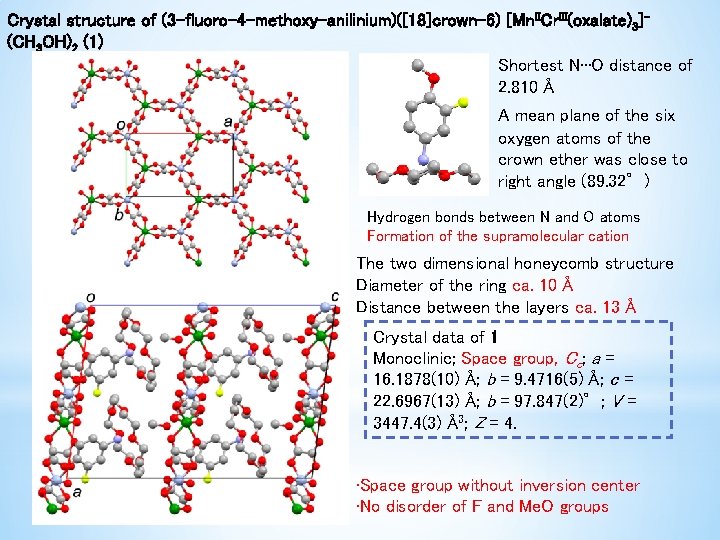 Crystal structure of (3 -fluoro-4 -methoxy-anilinium)([18]crown-6) [Mn. IICr. III(oxalate)3](CH 3 OH)2 (1) Shortest N···O