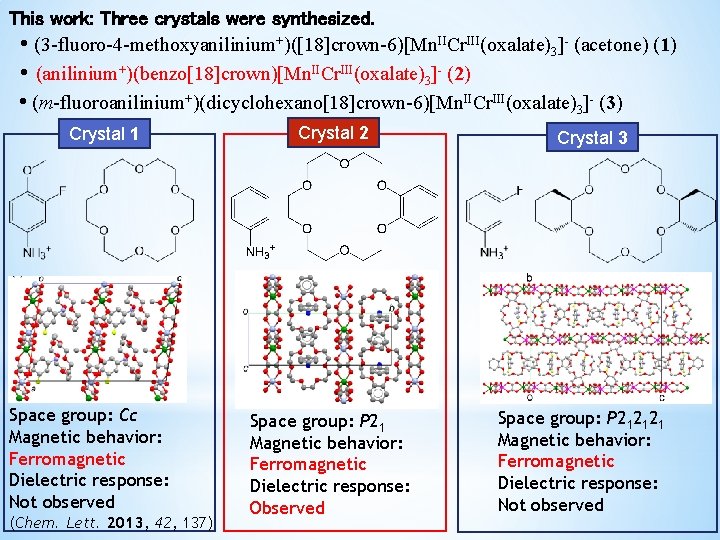 This work: Three crystals were synthesized. • (3 -fluoro-4 -methoxyanilinium+)([18]crown-6)[Mn. IICr. III(oxalate)3]- (acetone) (1)