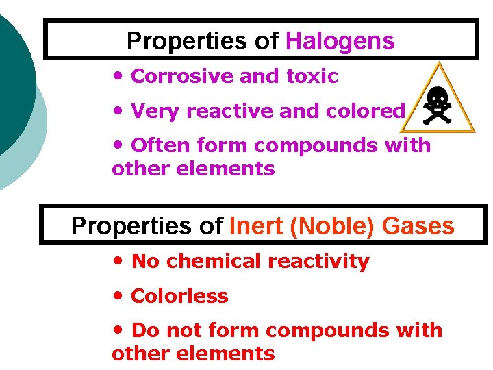 Properties of Halogens • Corrosive and toxic • Very reactive and colored • Often