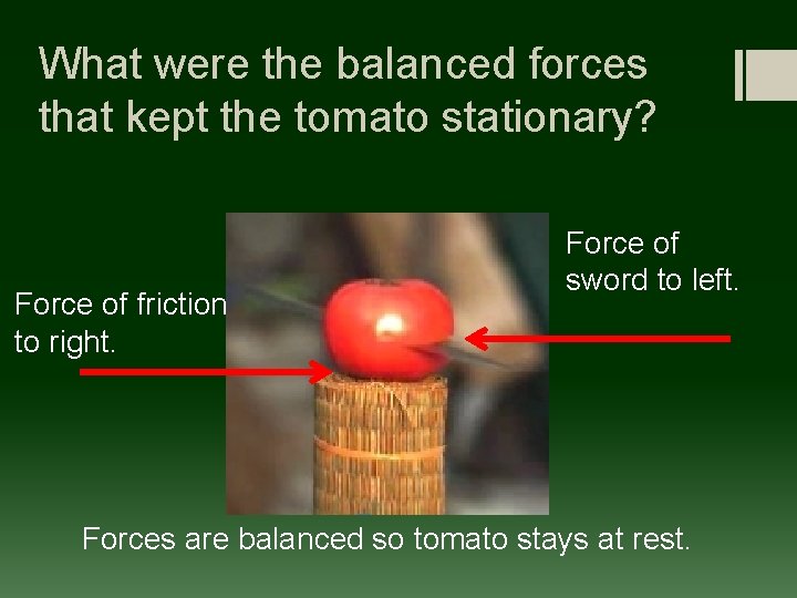 What were the balanced forces that kept the tomato stationary? Force of friction to