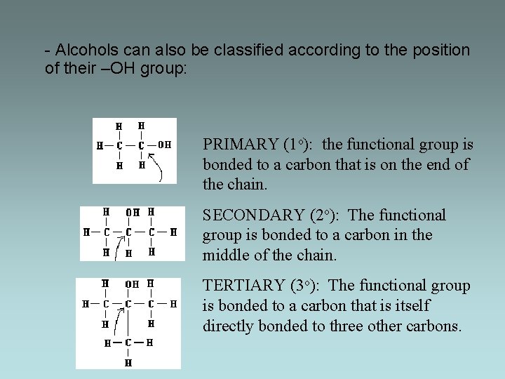 - Alcohols can also be classified according to the position of their –OH group: