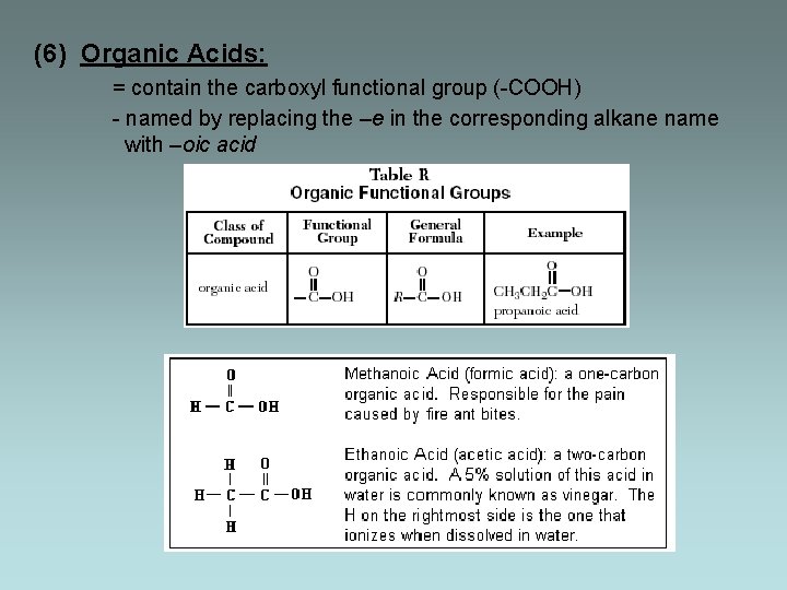 (6) Organic Acids: = contain the carboxyl functional group (-COOH) - named by replacing