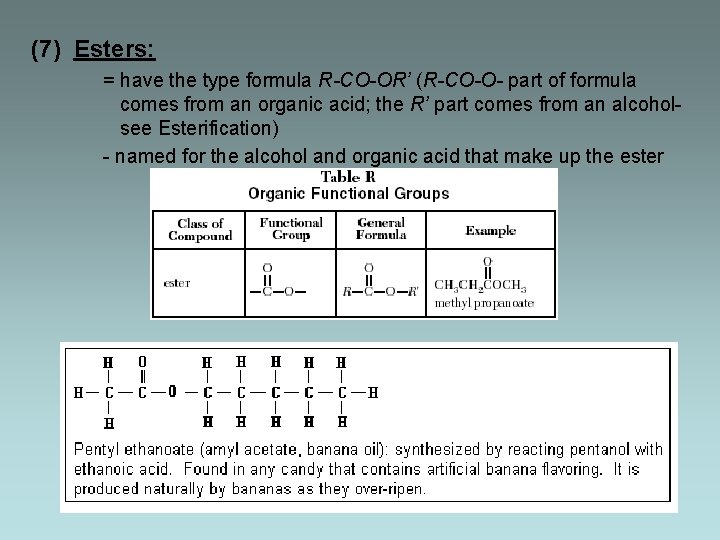 (7) Esters: = have the type formula R-CO-OR’ (R-CO-O- part of formula comes from