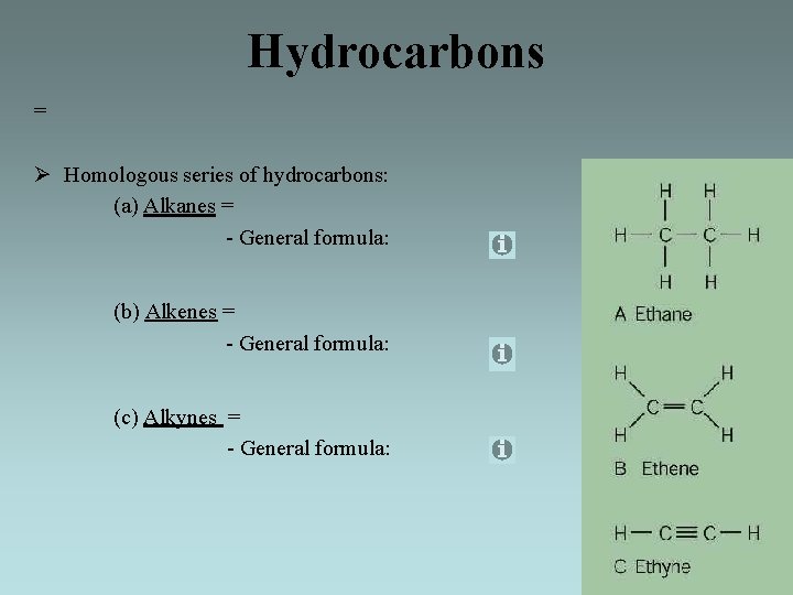 Hydrocarbons = Ø Homologous series of hydrocarbons: (a) Alkanes = - General formula: (b)