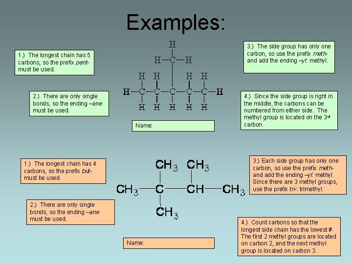 Examples: 3. ) The side group has only one carbon, so use the prefix