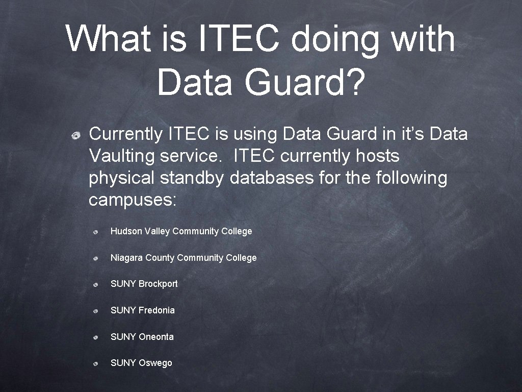 What is ITEC doing with Data Guard? Currently ITEC is using Data Guard in