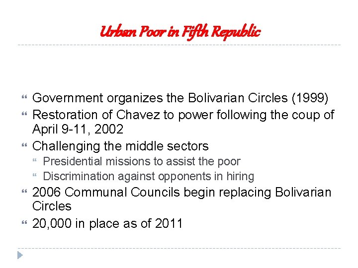 Urban Poor in Fifth Republic Government organizes the Bolivarian Circles (1999) Restoration of Chavez