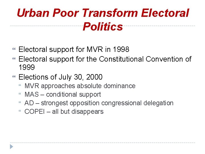 Urban Poor Transform Electoral Politics Electoral support for MVR in 1998 Electoral support for