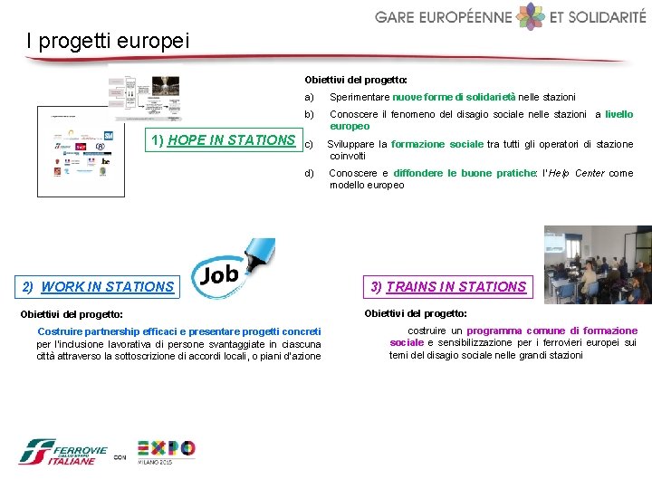 I progetti europei Obiettivi del progetto: a) Sperimentare nuove forme di solidarietà nelle stazioni