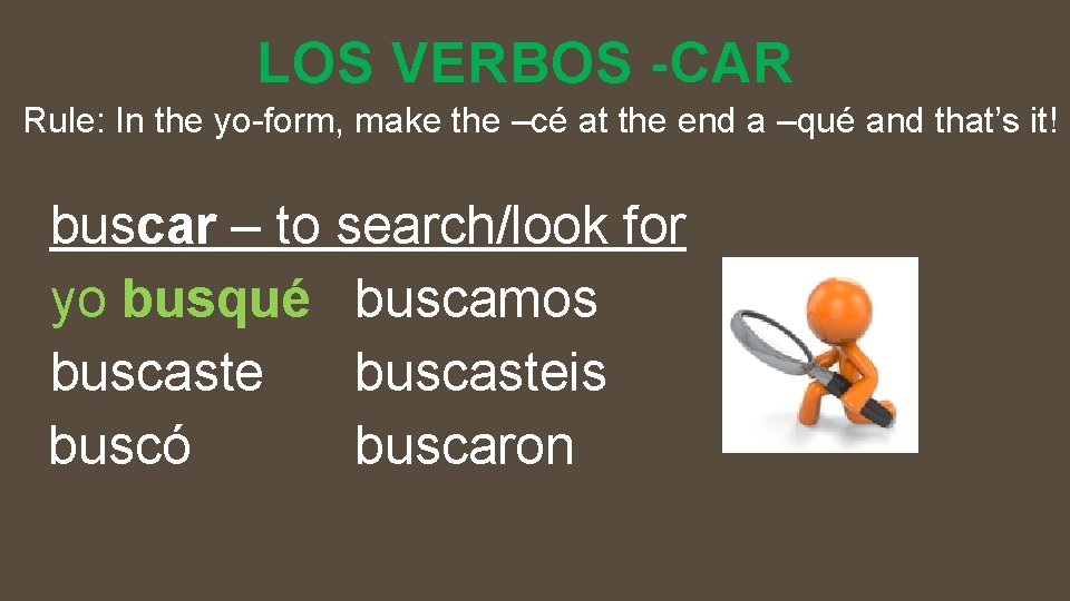 LOS VERBOS -CAR Rule: In the yo-form, make the –cé at the end a