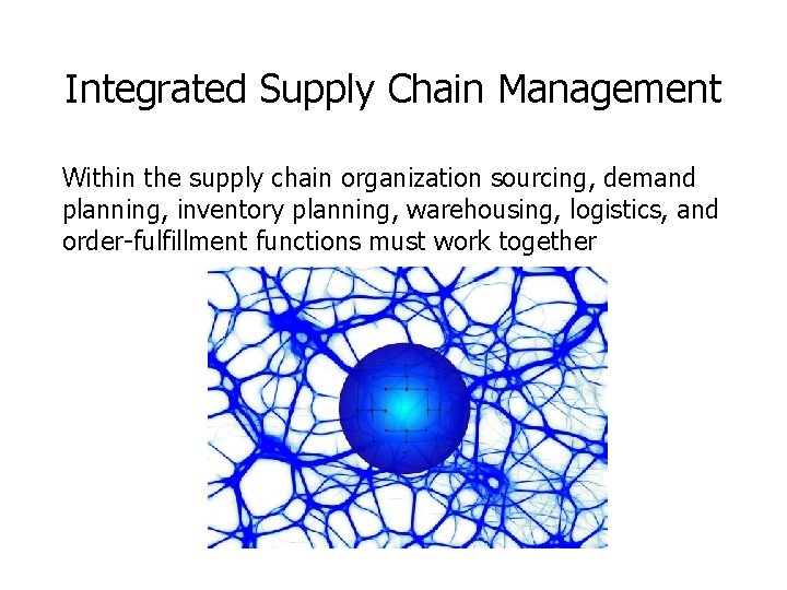 Integrated Supply Chain Management Within the supply chain organization sourcing, demand planning, inventory planning, Integrated Supply Chain Management Within the supply chain organization sourcing, demand planning, inventory planning,