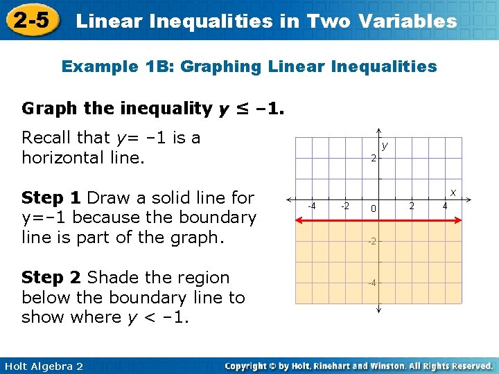 2 -5 Linear Inequalities in Two Variables Example 1 B: Graphing Linear Inequalities Graph