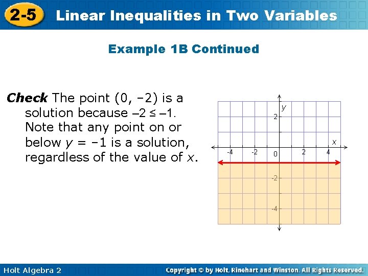 2 -5 Linear Inequalities in Two Variables Example 1 B Continued Check The point