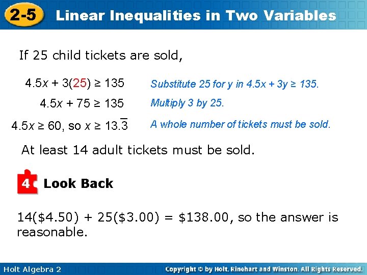 2 -5 Linear Inequalities in Two Variables If 25 child tickets are sold, 4.