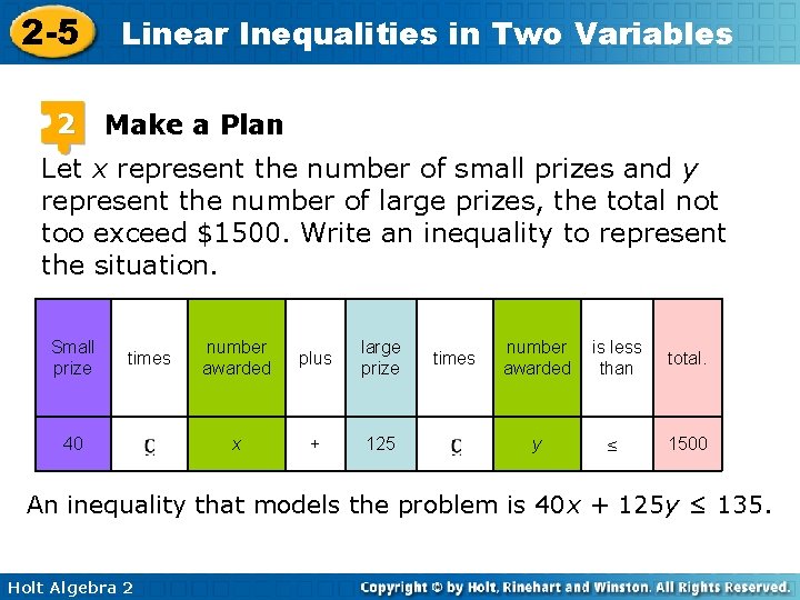 2 -5 2 Linear Inequalities in Two Variables Make a Plan Let x represent