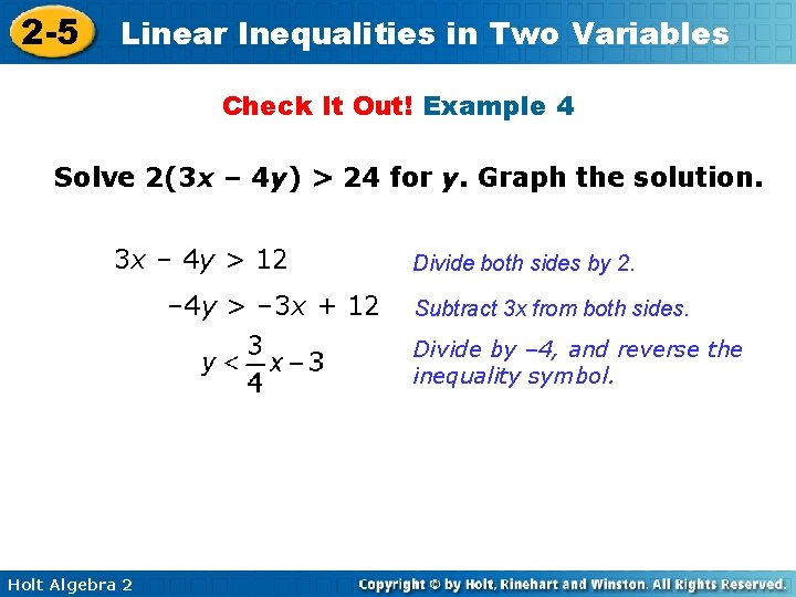 2 -5 Linear Inequalities in Two Variables Check It Out! Example 4 Solve 2(3