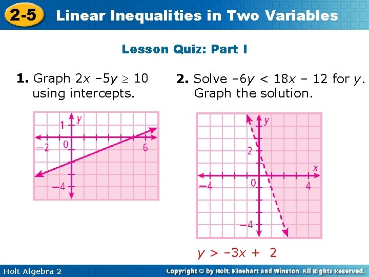 2 -5 Linear Inequalities in Two Variables Lesson Quiz: Part I 1. Graph 2