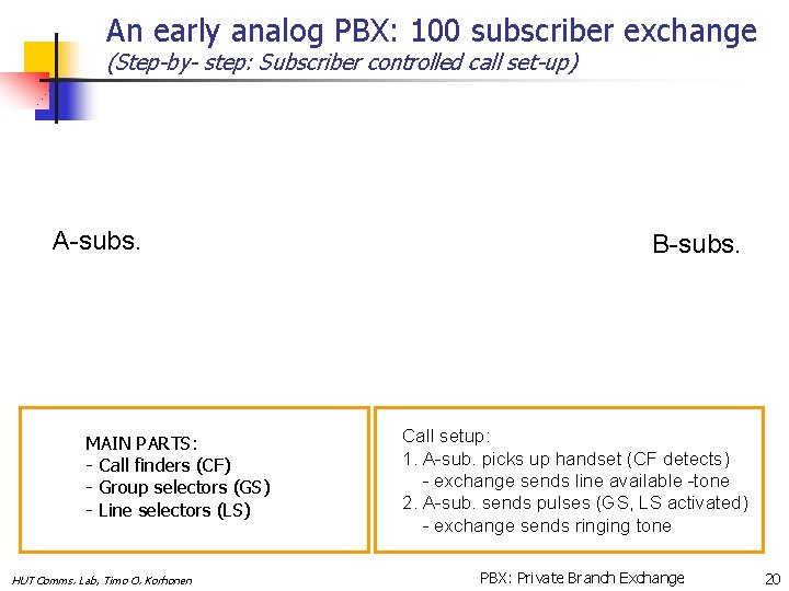 An early analog PBX: 100 subscriber exchange (Step-by- step: Subscriber controlled call set-up) A-subs.