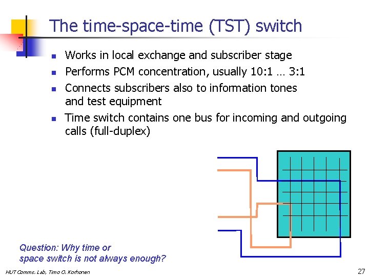 The time-space-time (TST) switch n n Works in local exchange and subscriber stage Performs