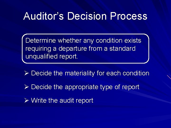 Auditor’s Decision Process Determine whether any condition exists requiring a departure from a standard