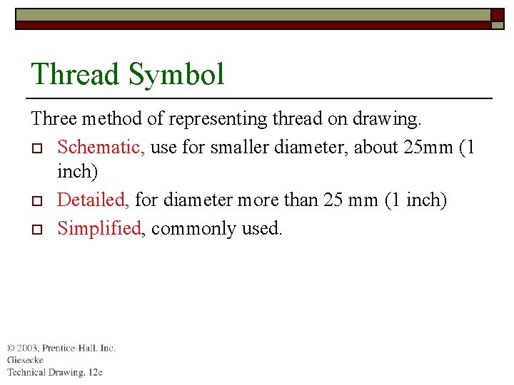 Thread Symbol Three method of representing thread on drawing. o Schematic, use for smaller