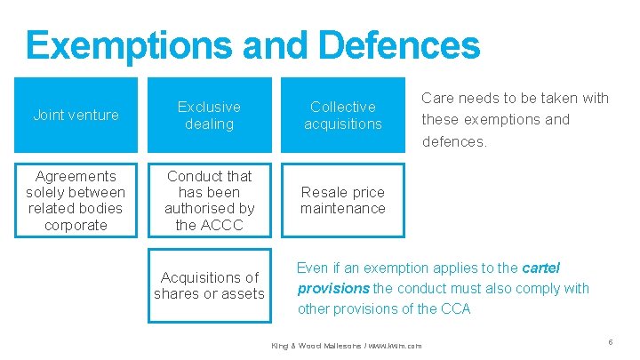 Exemptions and Defences Joint venture Exclusive dealing Collective acquisitions Agreements solely between related bodies