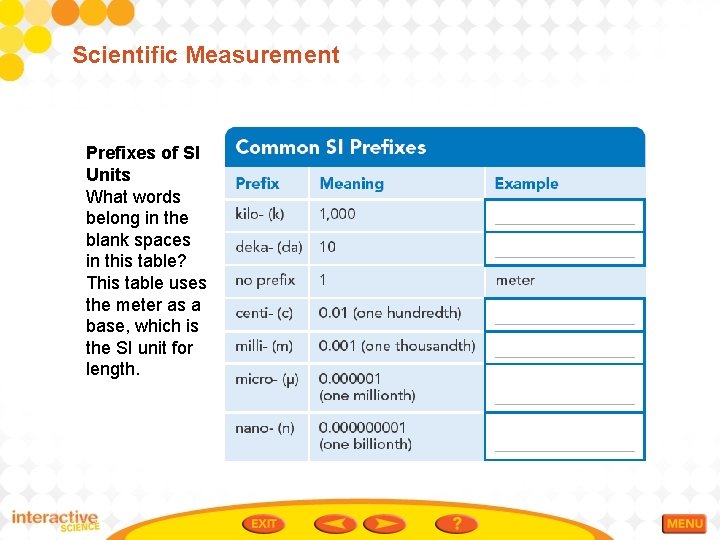 Scientific Measurement Prefixes of SI Units What words belong in the blank spaces in