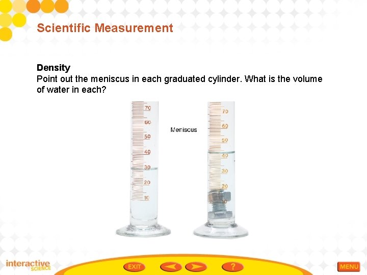 Scientific Measurement Density Point out the meniscus in each graduated cylinder. What is the