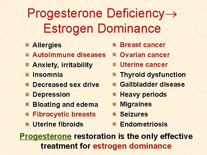 Progesterone Deficiency Estrogen Dominance Allergies Autoimmune diseases Anxiety, irritability Insomnia Decreased sex drive Depression