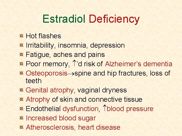 Estradiol Deficiency Hot flashes Irritability, insomnia, depression Fatigue, aches and pains Poor memory, ’d