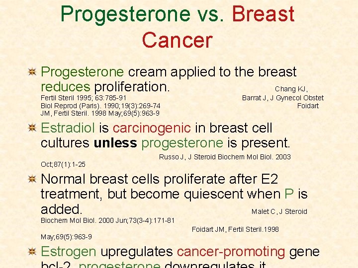 Progesterone vs. Breast Cancer Progesterone cream applied to the breast reduces proliferation. Chang KJ,