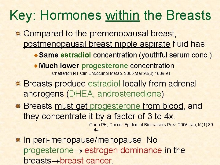 Key: Hormones within the Breasts Compared to the premenopausal breast, postmenopausal breast nipple aspirate