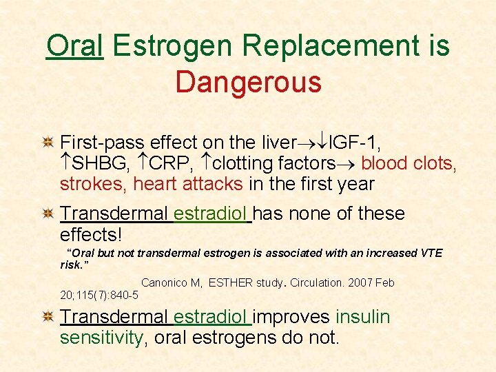 Oral Estrogen Replacement is Dangerous First-pass effect on the liver IGF-1, SHBG, CRP, clotting