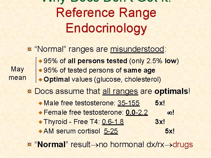 Why Docs Don’t Get It: Reference Range Endocrinology “Normal” ranges are misunderstood: May mean