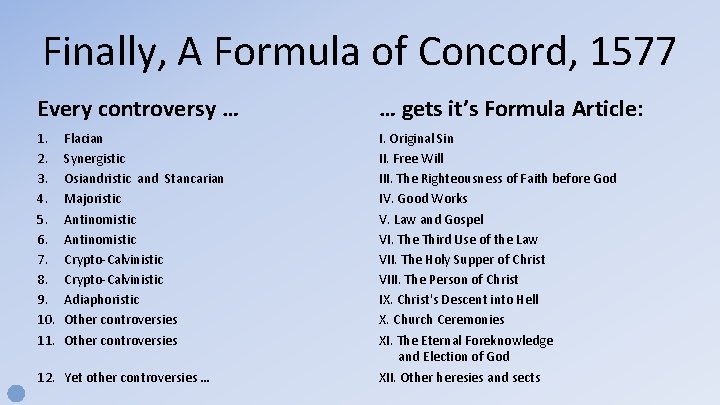 Finally, A Formula of Concord, 1577 Every controversy … … gets it’s Formula Article: