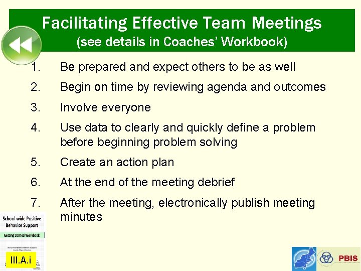 Facilitating Effective Team Meetings (see details in Coaches’ Workbook) 1. Be prepared and expect