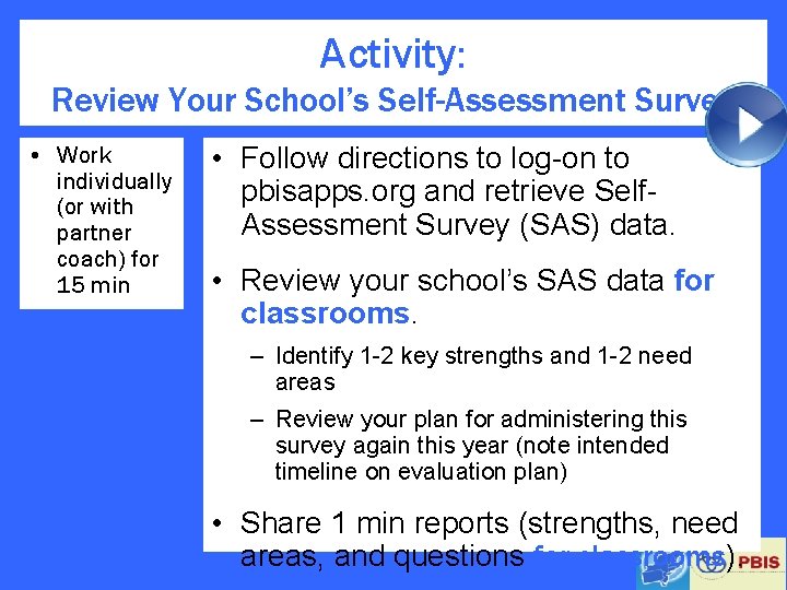 Activity: Review Your School’s Self-Assessment Survey • Work individually (or with partner coach) for