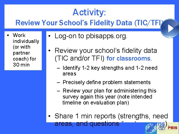 Activity: Review Your School’s Fidelity Data (TIC/TFI) • Work individually (or with partner coach)