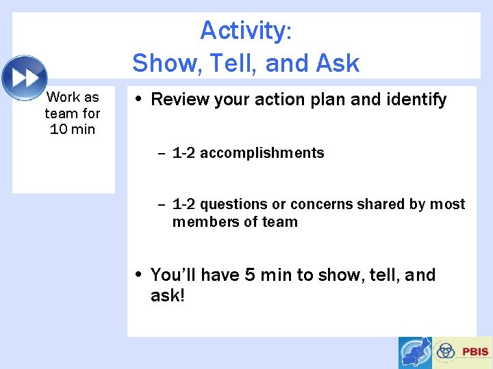 Activity: Show, Tell, and Ask • Work as team for 10 min • Review