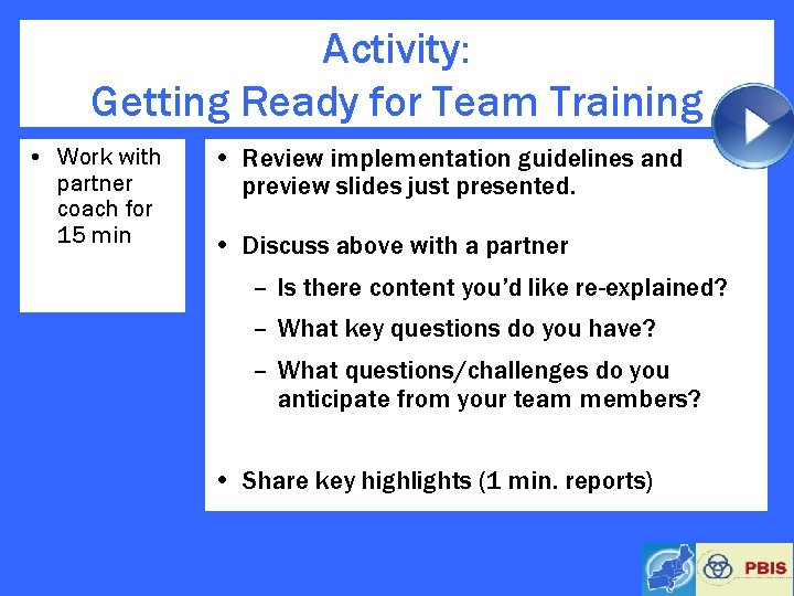Activity: Getting Ready for Team Training • Work with partner coach for 15 min