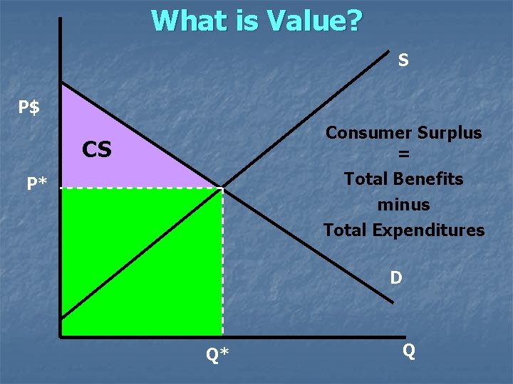 What is Value? S P$ Consumer Surplus = Total Benefits minus Total Expenditures CS