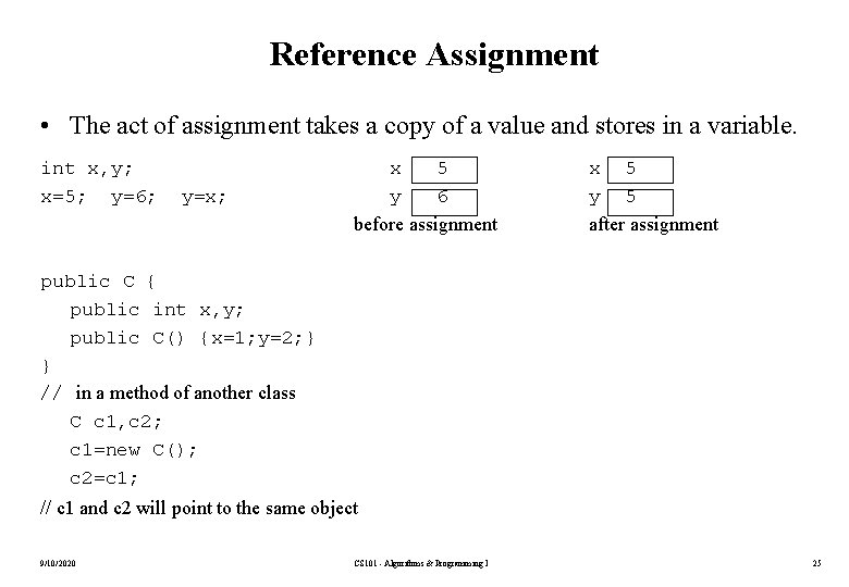 Reference Assignment • The act of assignment takes a copy of a value and