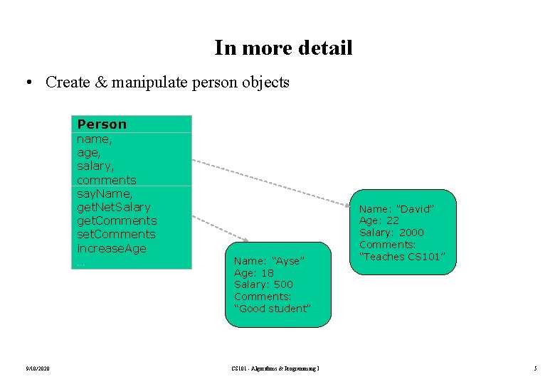 In more detail • Create & manipulate person objects Person name, age, salary, comments