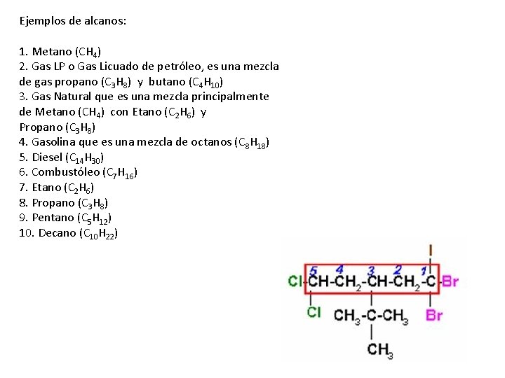 Ejemplos de alcanos: 1. Metano (CH 4) 2. Gas LP o Gas Licuado de